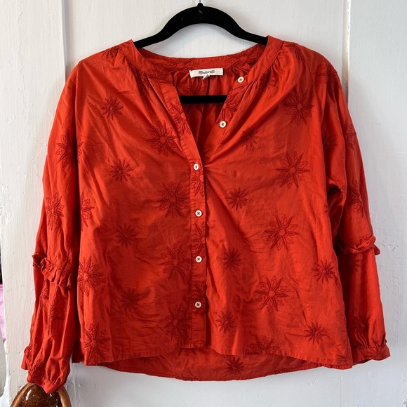 Madewell | Tops | Madewell Orange Button Floral Embroidered Shirt ...